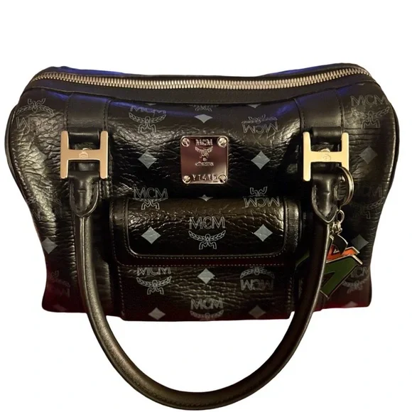 MCM Black Visetos Boston Bag 25cm – Rare Blue Logo Accents Excellent Condition! - Picture 9 of 10